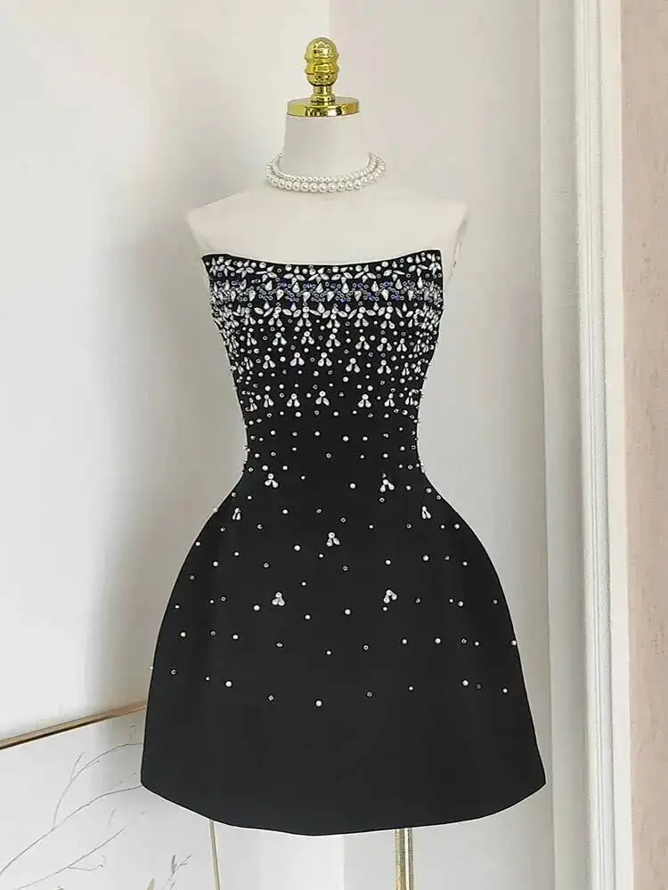 French Style Diamond Spliced Party Mini Dresses For Women Slash Neck Sleeveless High Waist Black Female Dress 2025 Tops KP98