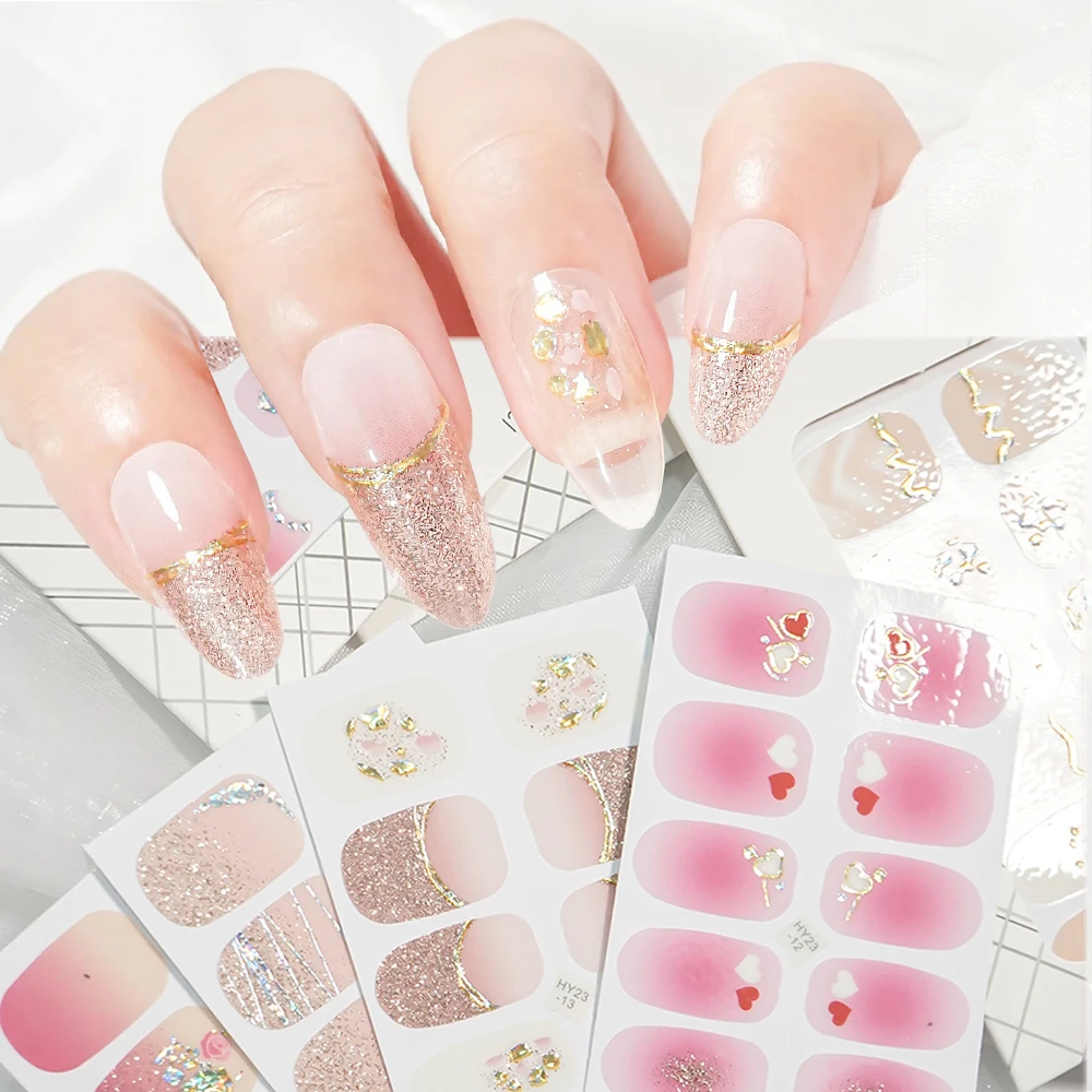 12 teile/satz rosa süße Serie Full Wrap Nagel Aufkleber Nagellack Gradient Slider Glitter selbst klebende Abziehbilder Streifen DIY Maniküre