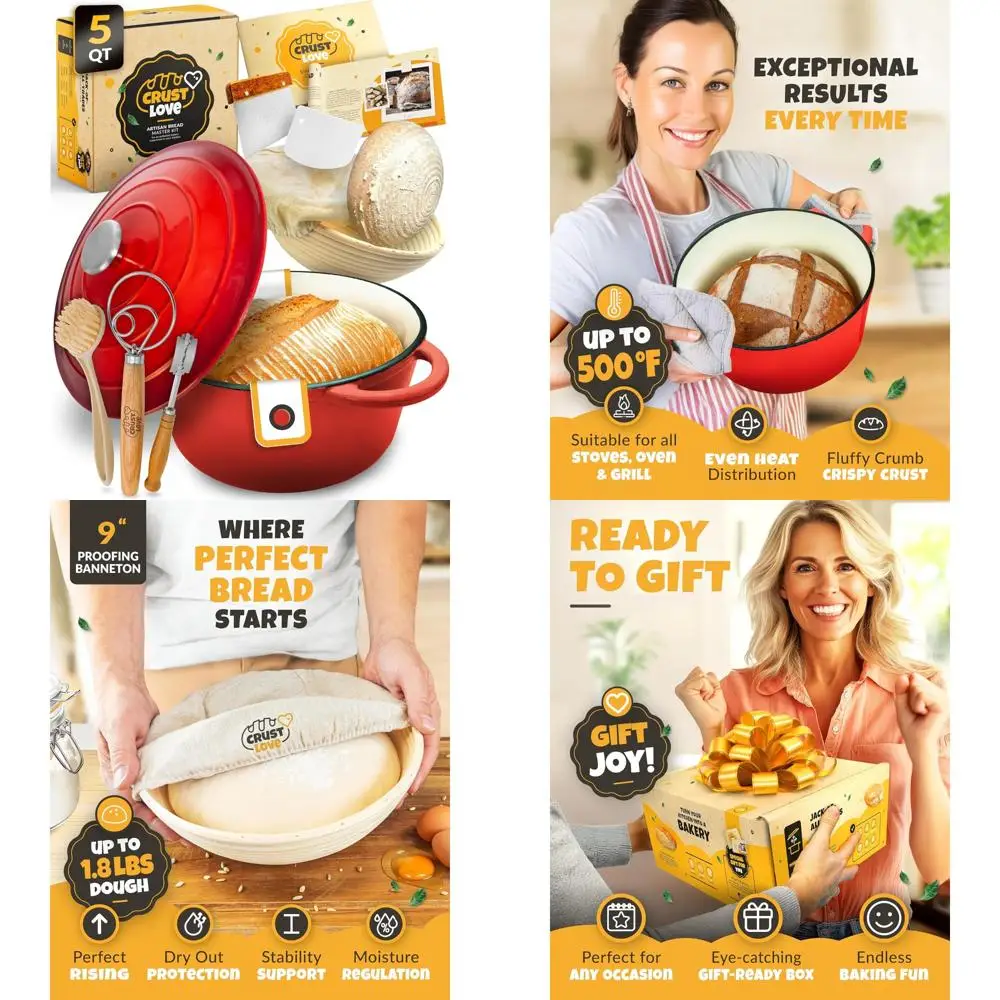 

Enameled Cast Iron Dutch Oven for Sourdough Bread Baking - 5 Quart, Including Banneton Bread Proofing Basket Supplies