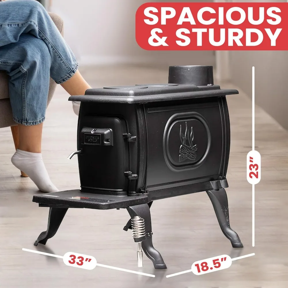 900 Square Foot Clean Cast Iron Log Burning Wood Stove Reaching Up T0 54,000 BTUswith Cool Touch Safety Handle