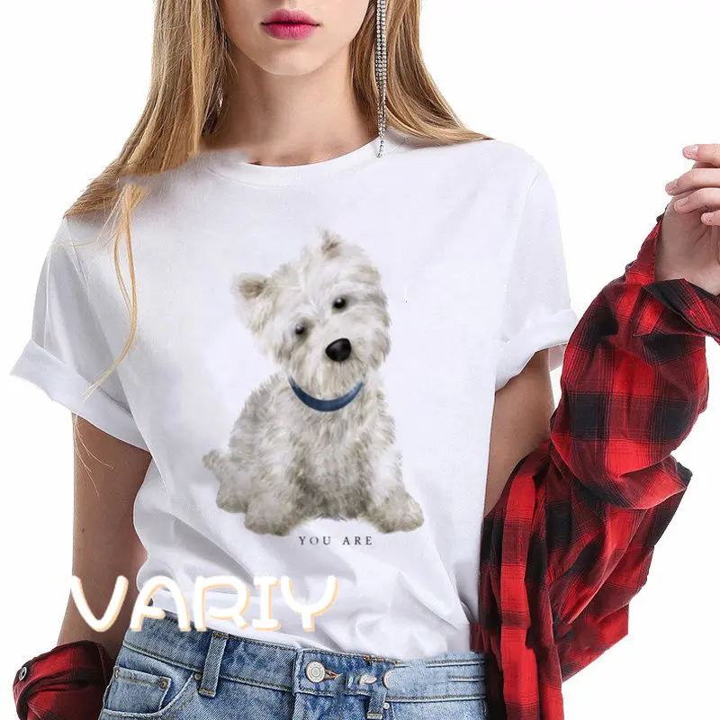 Westie West Highland White Terrier Print T-shirt Women Summer Loose Short Sleeved Animal Oversized Top Tee Couple Streetwear