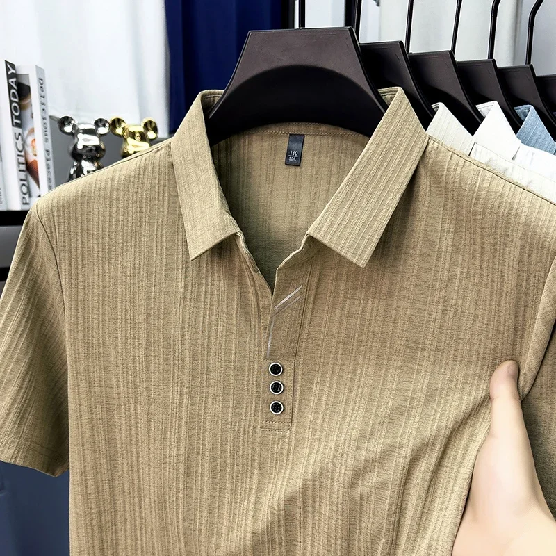 Mens Elegant Lapel Polo Shirt Fine Vertical Stripe Pattern Soft Breathable Fabric Three Front Buttons Office Street Daily Wear