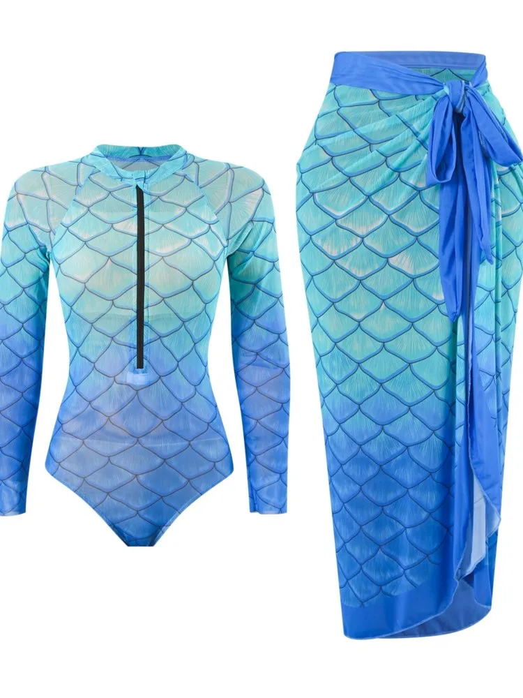 

Сетчатое бикини в стиле ретро с принтом, модный купальник и накидка с юбкой, плотные женские бандажные летние пляжные роскошные элегантные 2025