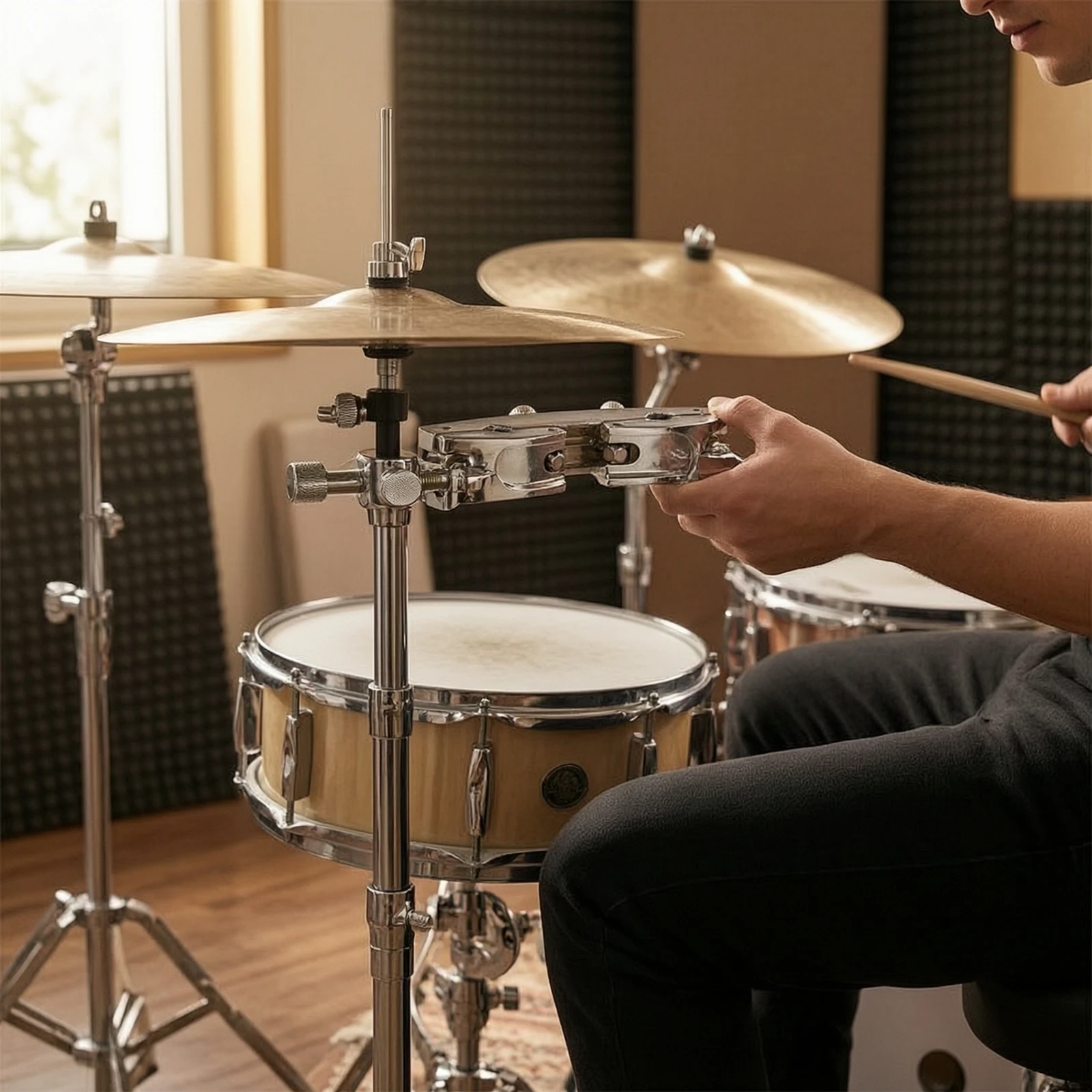 Abrazadera de Tambor Ajustable, Soporte de Conexión Compacto y Resistente para Bateristas, Escenarios y Salas de Ensayo