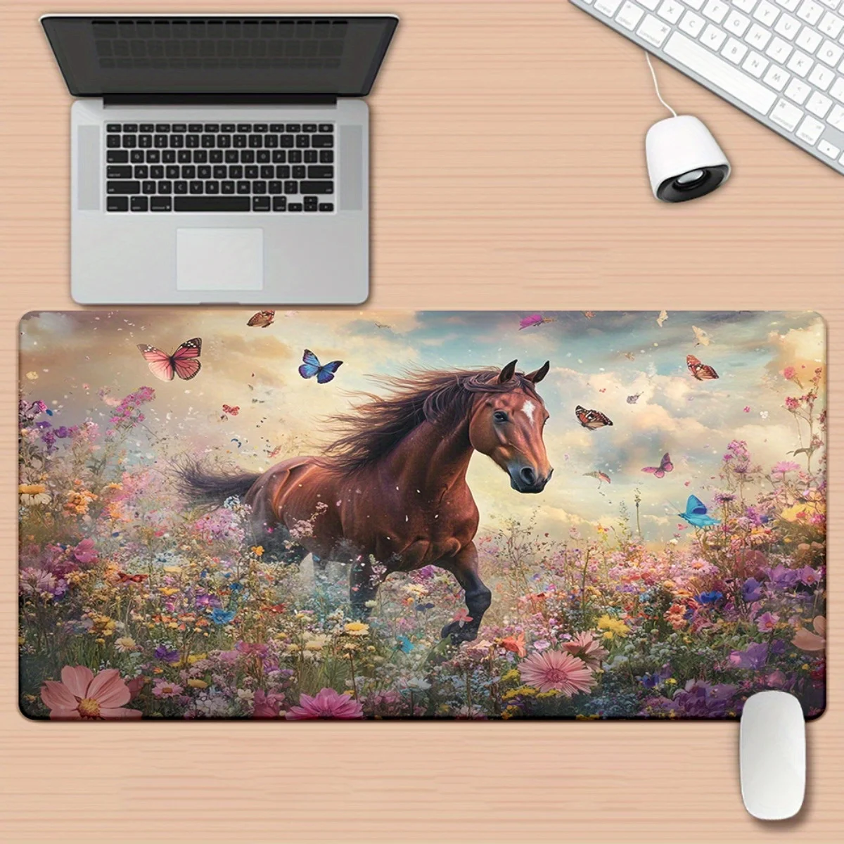 

The rubber anti-slip and easy-to-clean mouse pad of the Horse in the flower field landscape is a high-quality computer accessory