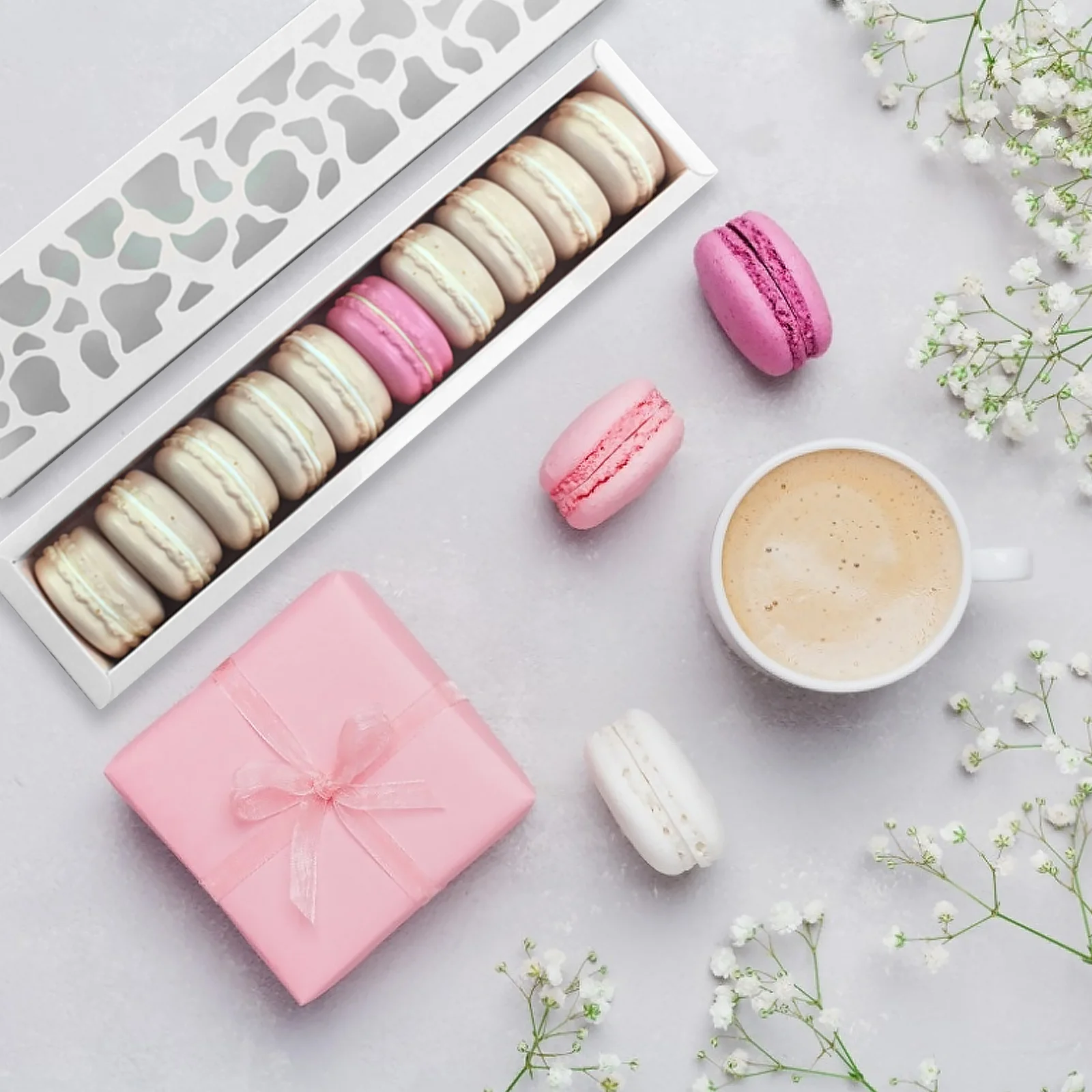 10 szt. Dekoracyjne papierowe pudełka na makaroniki, grube, spożywcze, do pakowania deserów, na urodziny, baby shower, do piekarni, na ciasteczka.