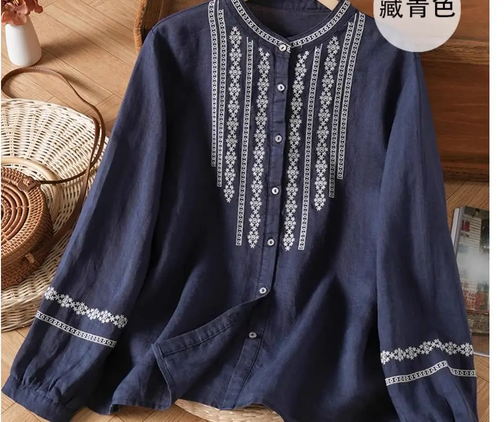 Ethnic style embroidered stand collar double-layer cotton yarn long-sleeved shirt