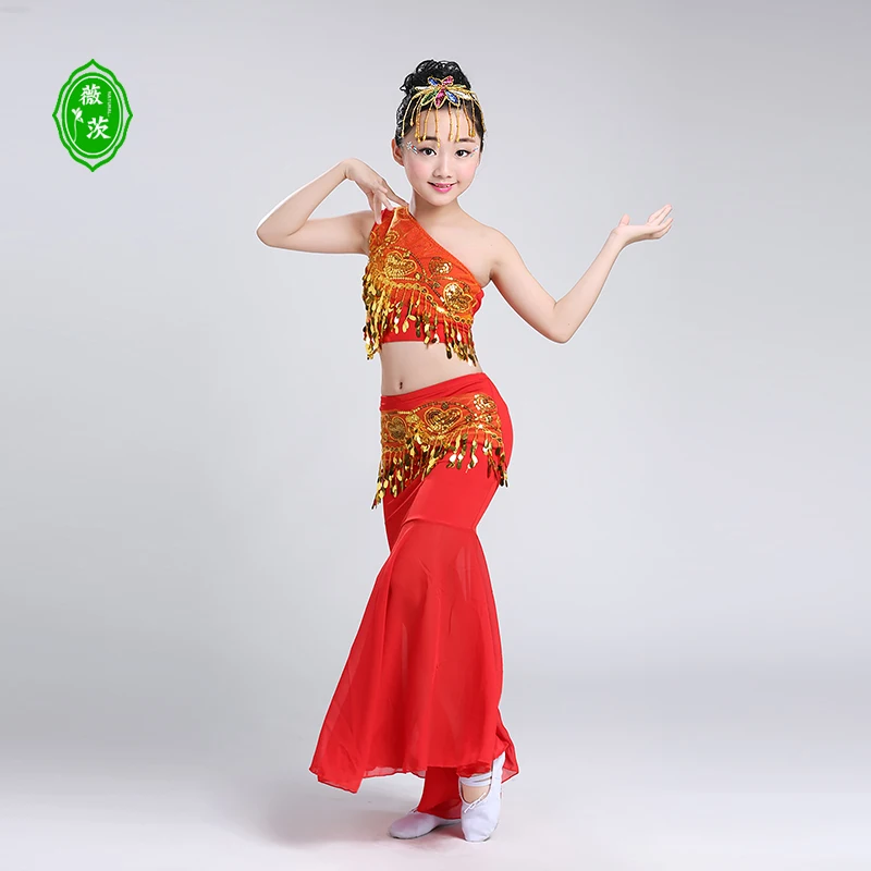 Costume da ballo Dai per bambini Costumi di danza del pavone per ragazze Costume da spettacolo per danza del ventre a coda di pesce per bambini
