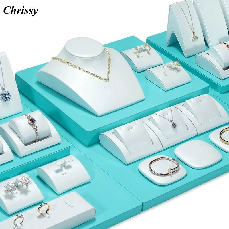 Luxury White PU Leather Jewelry Display Set, Premium Holder Stand Tray for Ring Necklace Earring Bracelet Shop Counter
