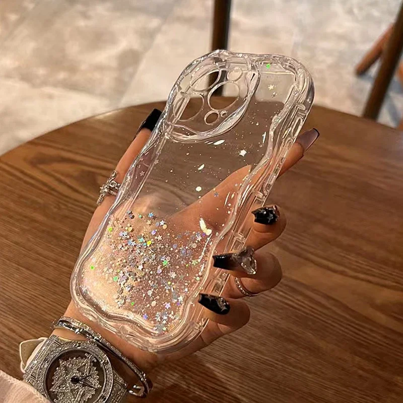 Glitter Wavy Lines Phone Case For iphone 11 12 13 14 15 Pro Max XS Max X XR 7 8 Plus SE 2020 Bumper Transparent Cases Cover