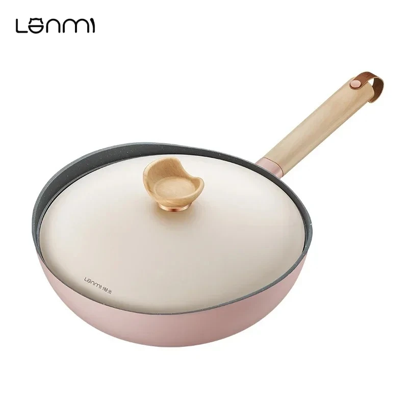 

LANMI 30/32 см сковорода вок с антипригарным покрытием и титановым покрытием с дизайном уровня воды, деревянная ручка, кухонная сковорода с меньшим маслянистым дымом