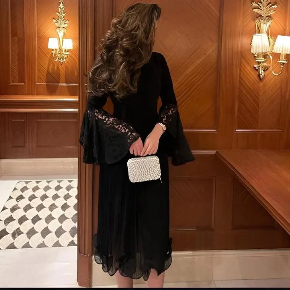 

Customized Elegant Black Long Sleeves Evening Dress Classic Lace A-Line Party Dresses Simple Tea Length High Collar Prom Gowns
