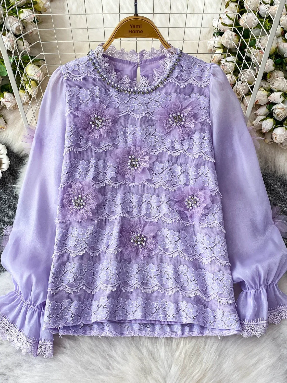 

Heavy Embroidery Lace Splicing 3D Beads round Ne irt Women Summer Faion Anti-Aging Slimming Top Korean Sle Loose Fit