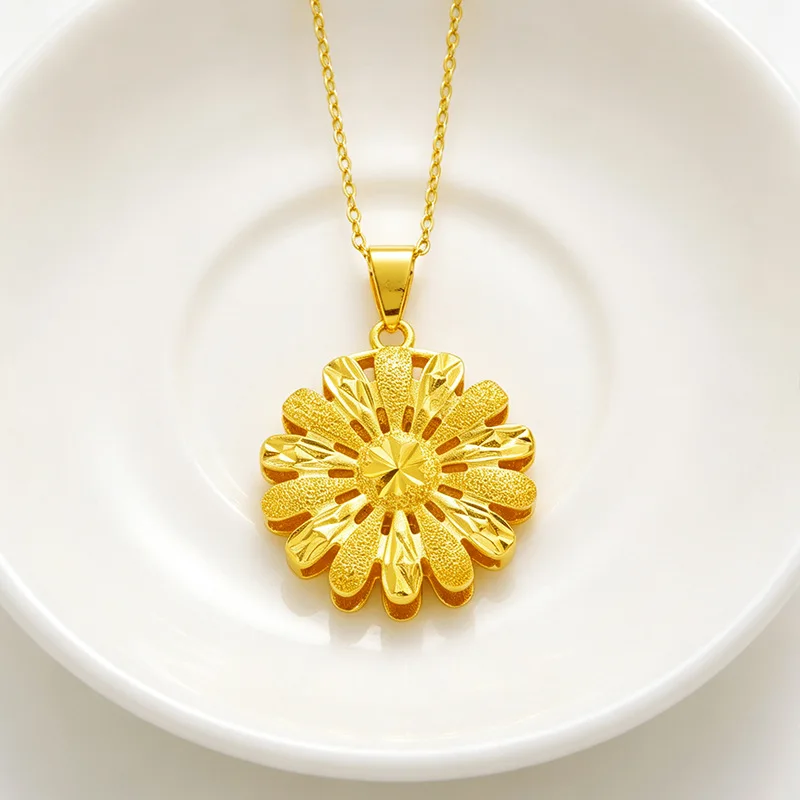 Luxury 24K 9999 Pure Gold real gold Sunflower Necklace Double Layer Flower Pendant Necklace