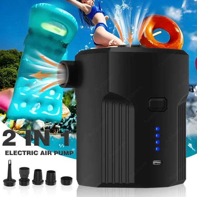 Portable 2-in-1 electric air pump with nozzles for inflatables and pool floats