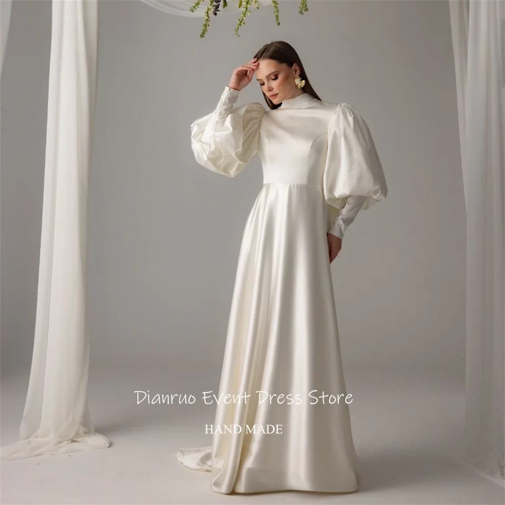 فستان زفاف Dianruo برقبة عالية على شكل حرف A وأكمام بالونية أنيق من فيستدوس بارا موخير ماكسي طول 2025 فستان سهرة مخصص