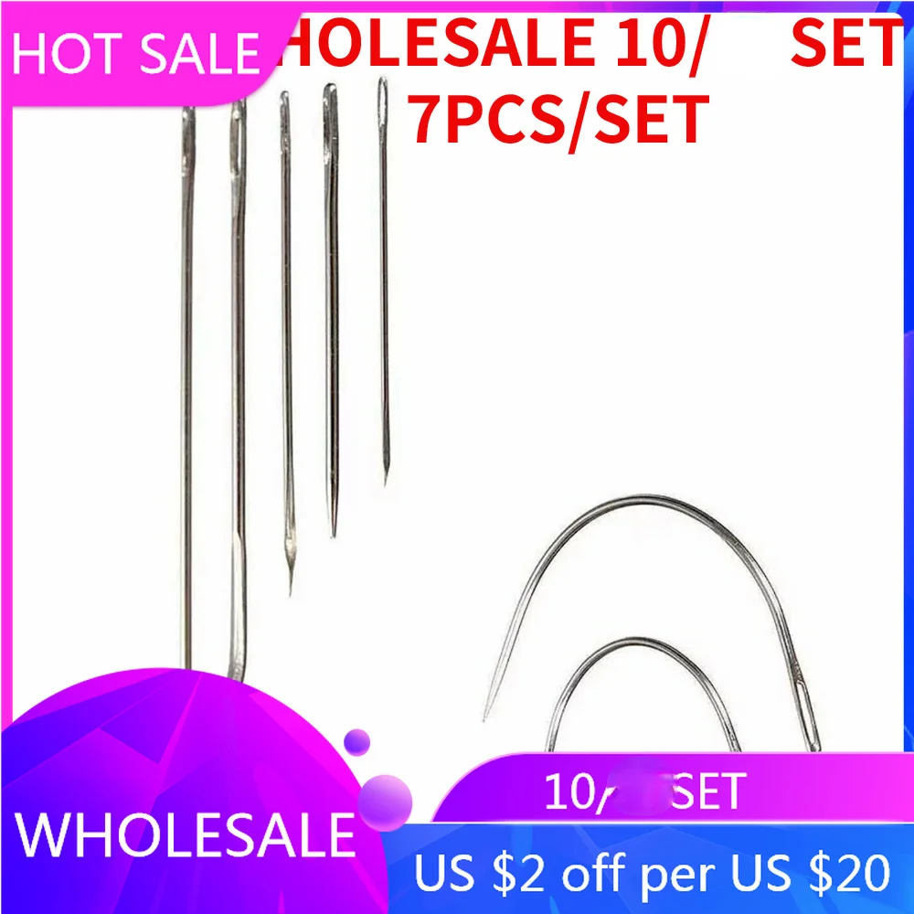 

10SET Wholesale Repair Sewing Needle Curved Straight Set Upholstery Carpets Canvas Leather Threader for Hand Sewing 7Pcs/Set