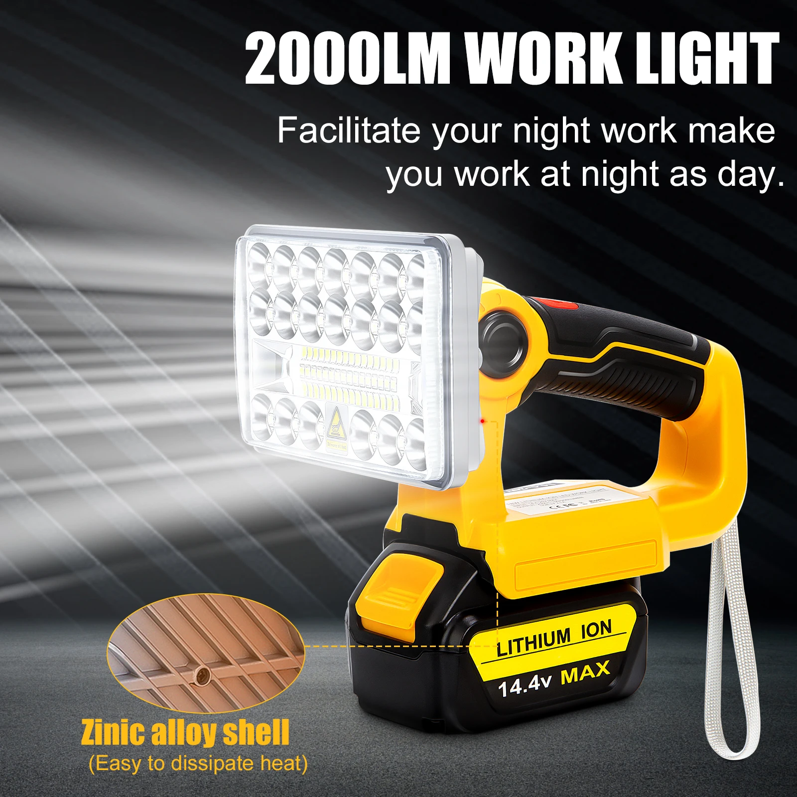 18W 2000LM Portable LED Work Light for Dewalt 14.4-20V Battery Rechargeable LED Flood Light Cordless Flashlight with USB Port