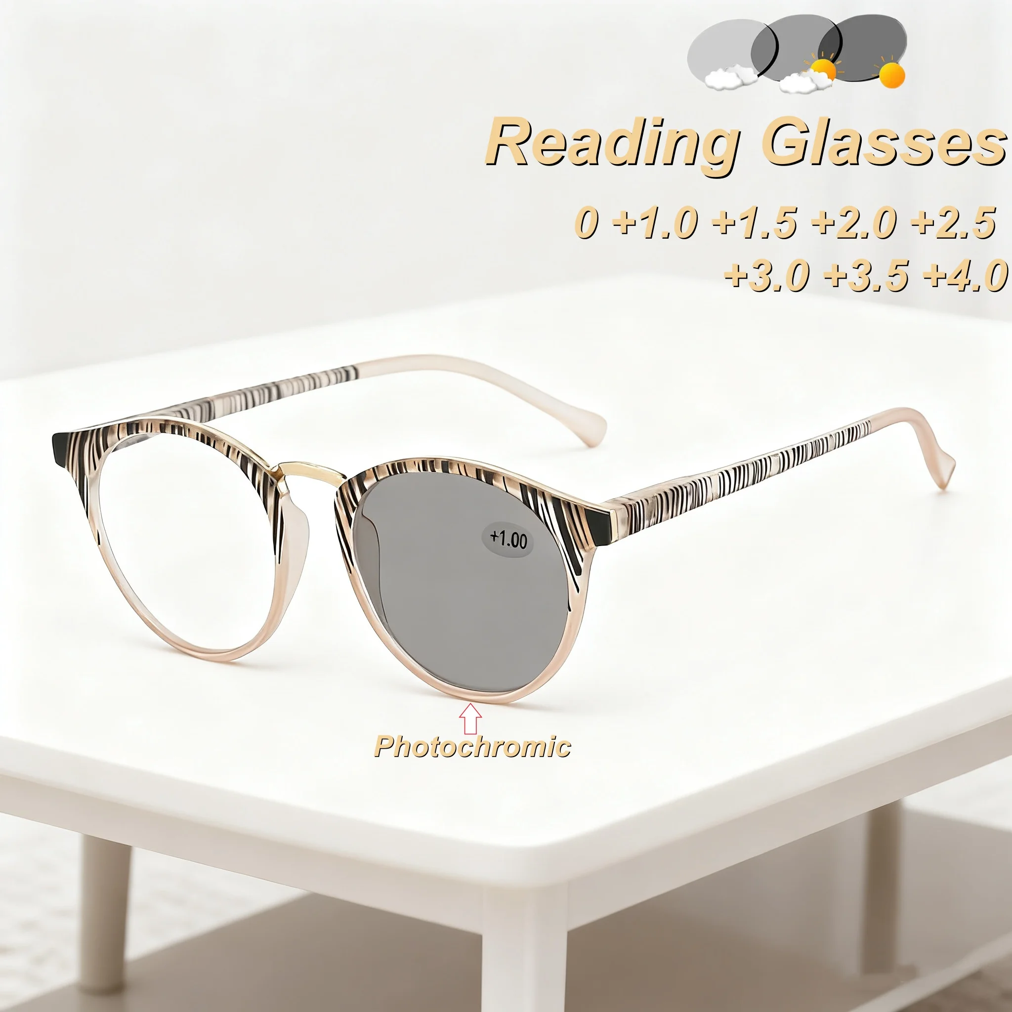 

2025 New Fashionable HD Photochromic Women's Reading Glasses Ultra Light Neutral High Quality Stripe Anti Blue Light Glasses
