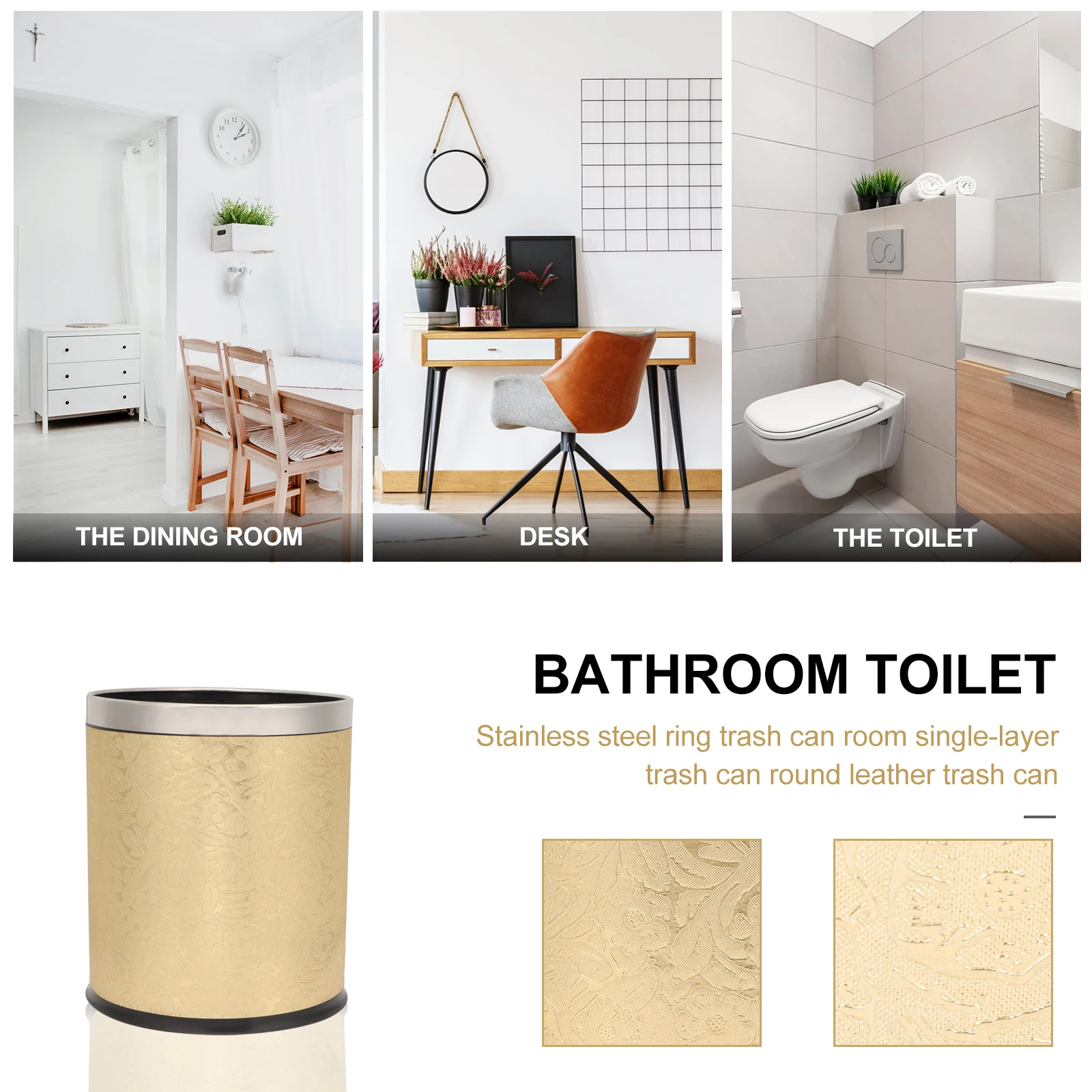 

Stylish Gold Trash Can Double Layer Fireproof Watertight Waste Bin Household Garbage Basket Thickened Non-Slip Base Sealed Bin