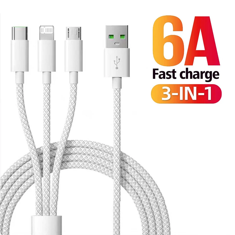 6A 66W 3 In 1 USB Fast Charging Cable For iPhone 14 Micro USB Type-C IOS Super Fast Charger Braided Data Cable 1.2/2/3M