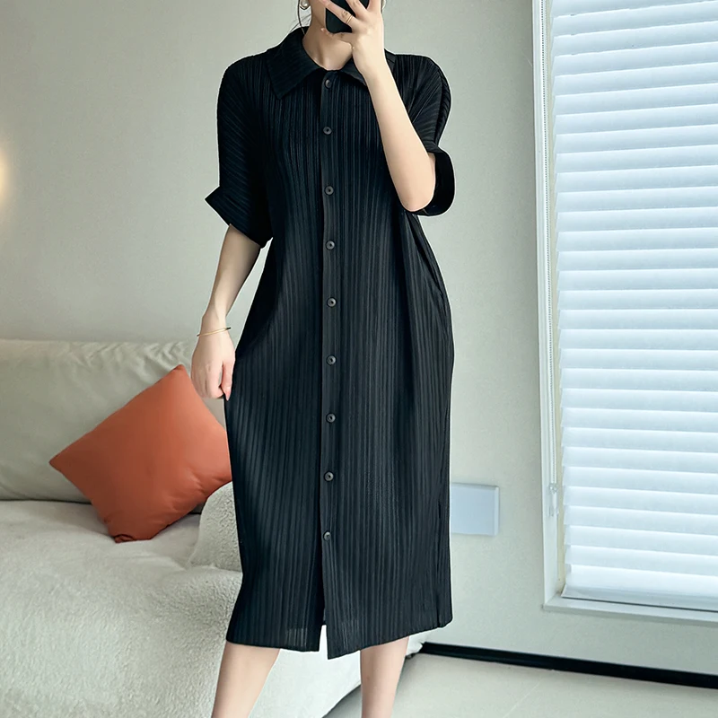 Fashion Miyake Pleated Women Single Breasted Shirt Dress 2024 New Summer Oversize Lapel Half Sleeve Loose Stretch Purple Dresses