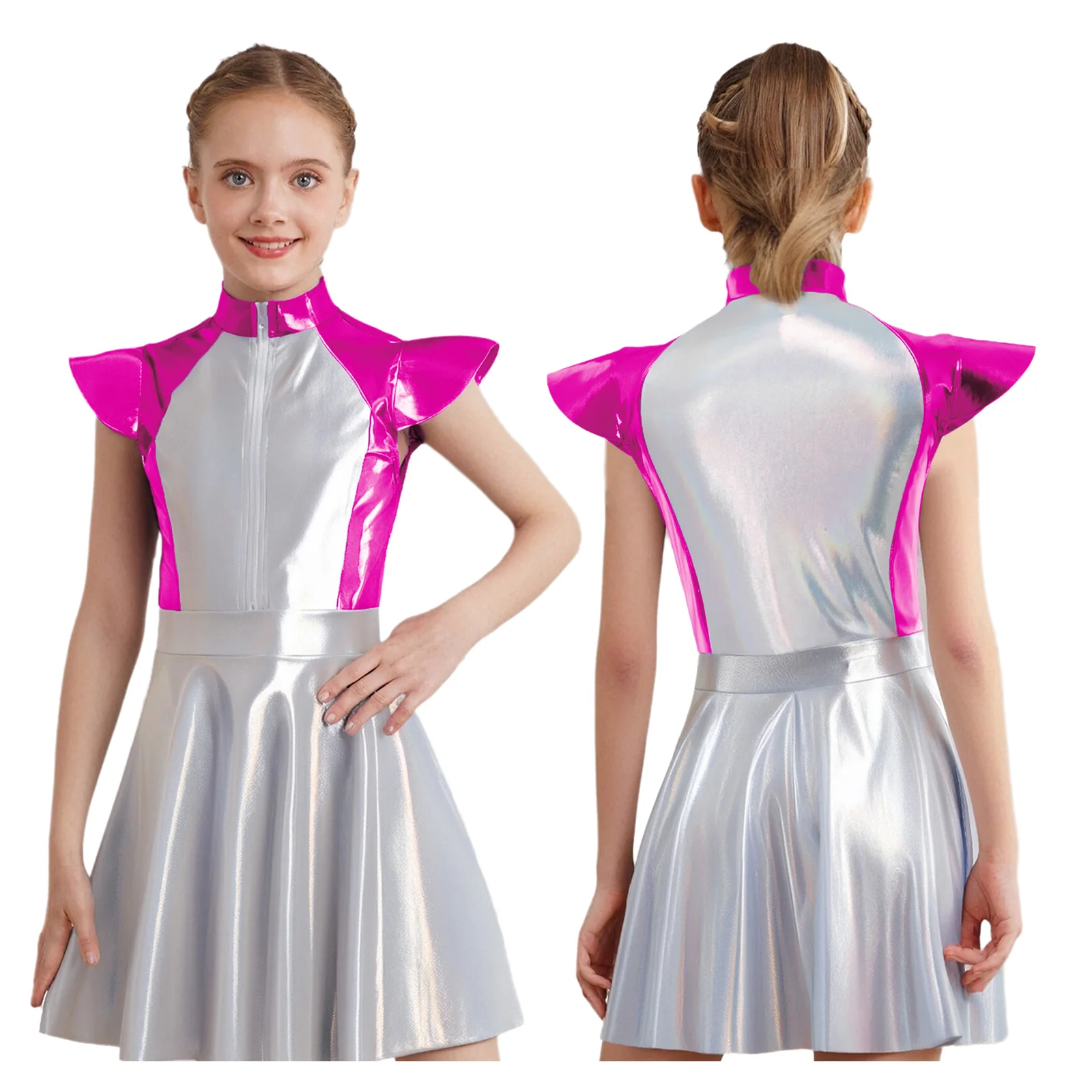 

Girls Alien Costume Dress Cap Sleeves Front Zip Dress Outer Space Cutie Party Gown Robot Costume Halloween Fancy Dress Up