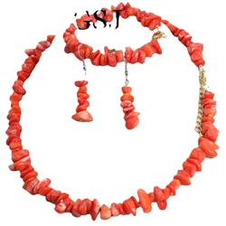 6-8mm Orange Coral Natural Gems Women Chockers Necklace Bracelet Earrings Jewellry Set 17.5