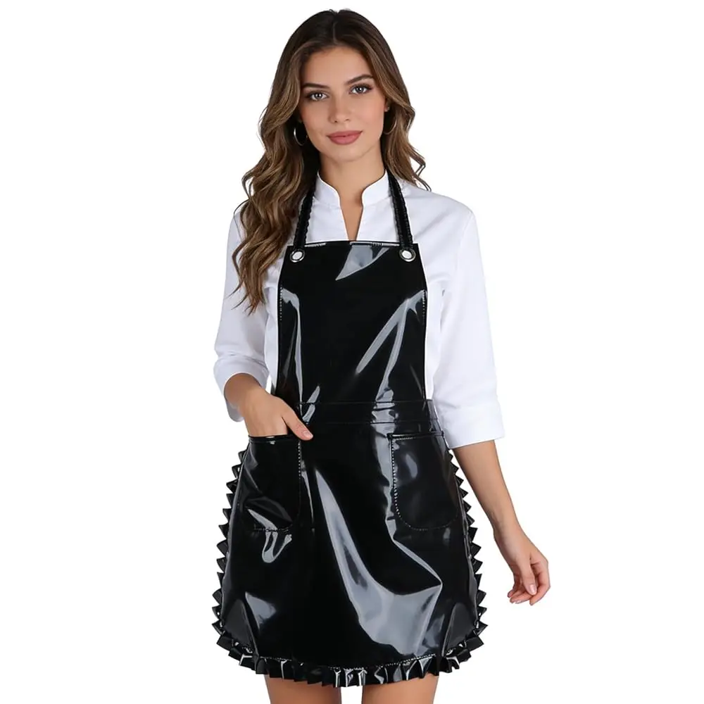

Глянцевый милый фартук с рюшами, модель на шнуровке с двумя карманами, виниловый фартук для художников и парикмахеров, водонепроницаемый