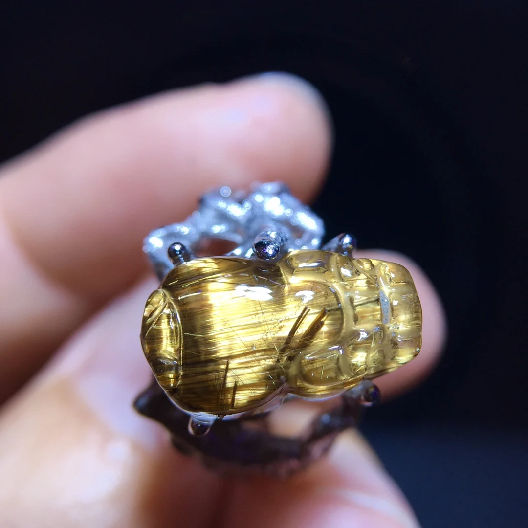 

Регулируемое кольцо из натурального золотистого рутилового кварца с серебром 925 пробы, бусины Пи Сю 15*15 мм, рутиловые бусины AAAAAA