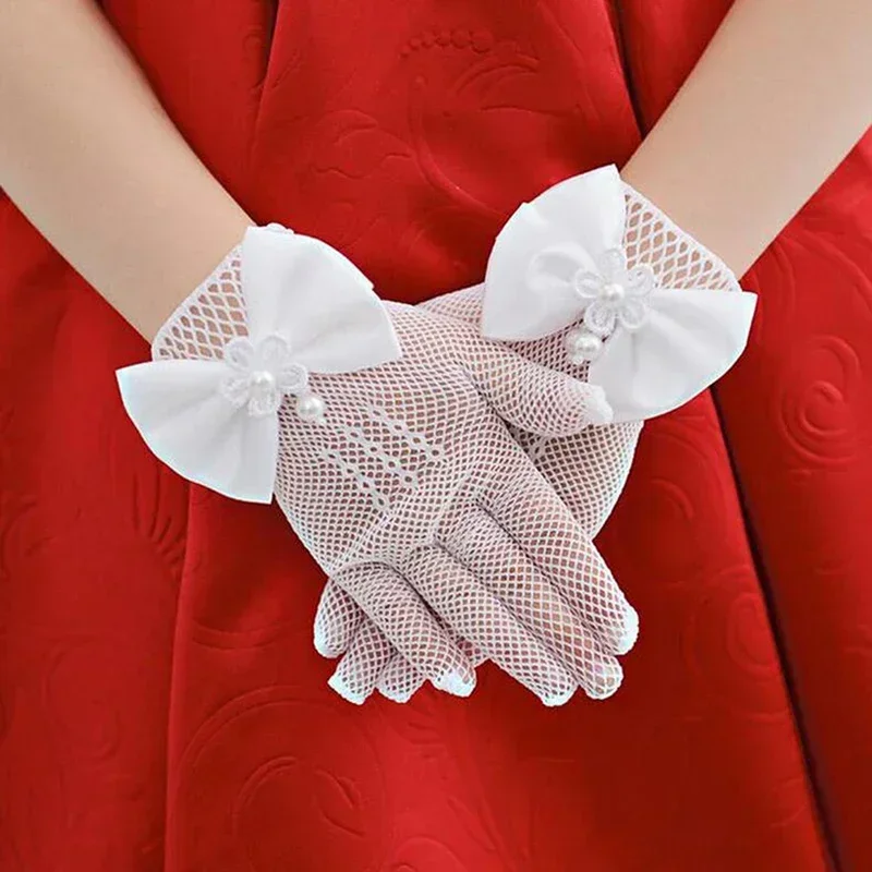 Sweet Flower Girls Short Gloves Mesh Bow Lace Pearl Decoration Gloves Children Kids Fashion Elegant Gloves Mittens Party Supplie