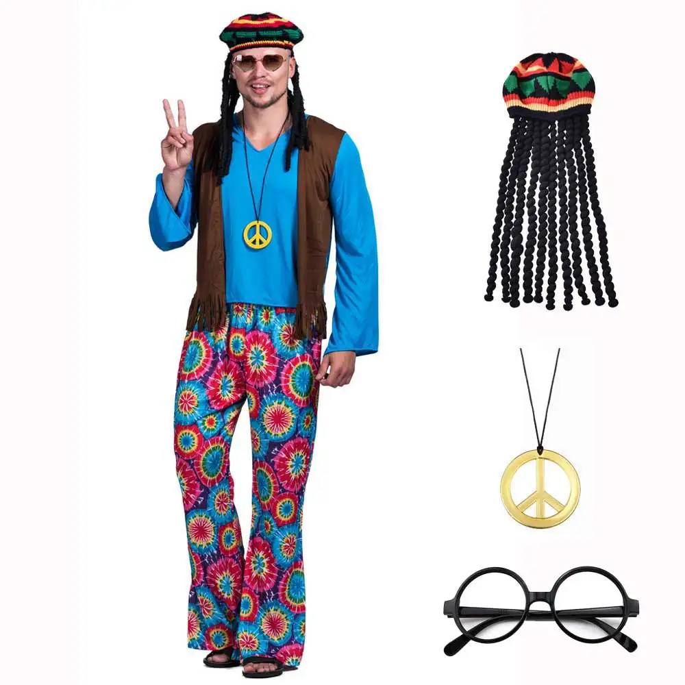 Halloween Hippie Kostuum Mannen 60S 70S Hippie Set Broek Shirt Franje Vest Glazen Frame Ketting Rasta Hoed Dreadlocks