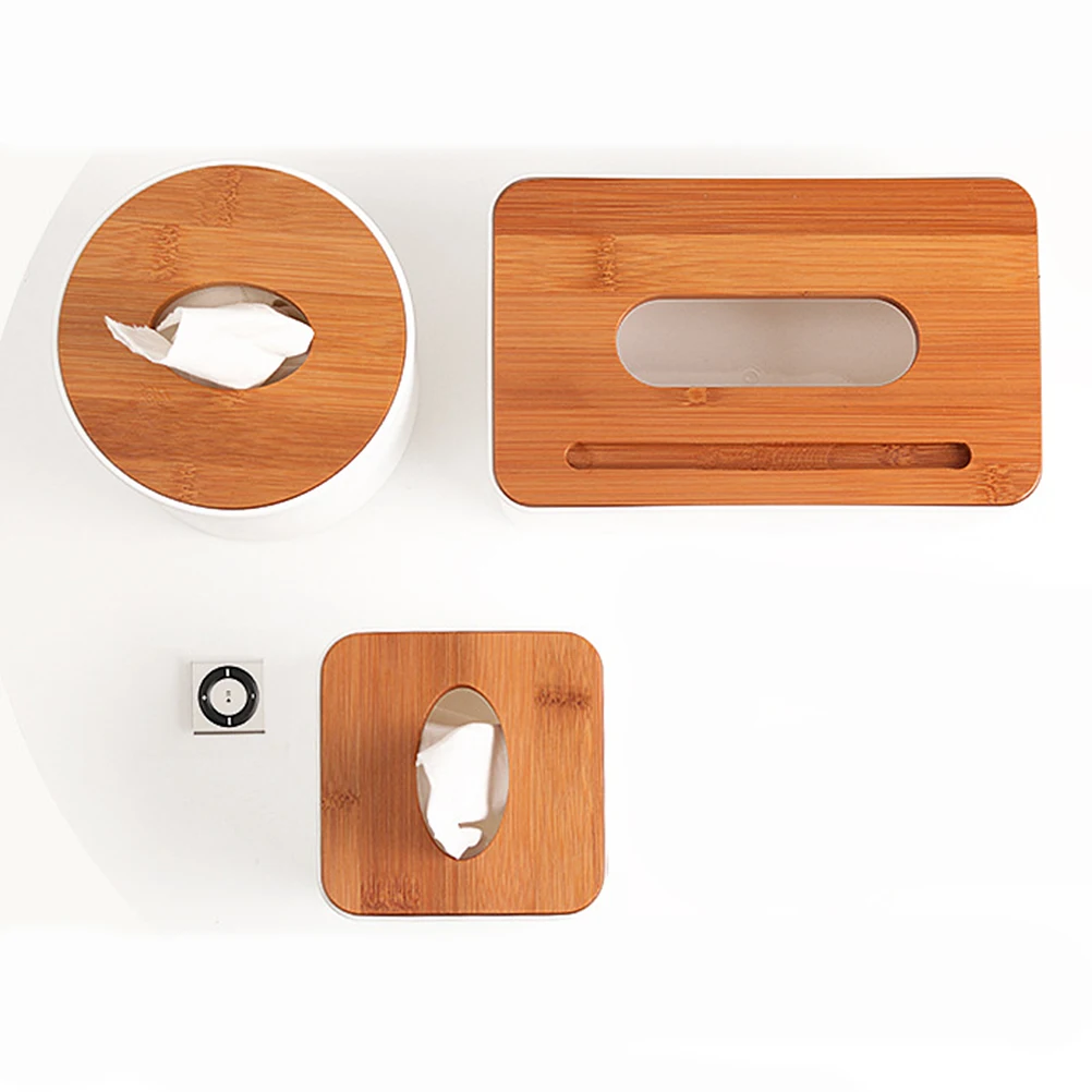 

2pcs Bamboo Wood Cover Plastic Tissue Box Holder Storage Organizer Removable Cover Dust Water Resistant Large Opening For Home