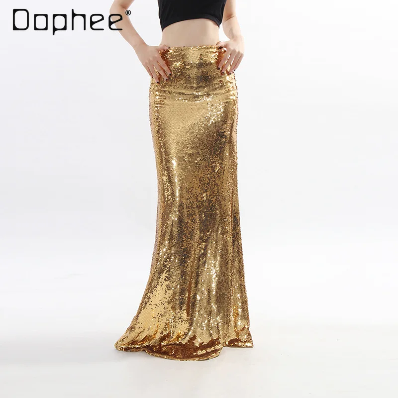 2025 otoño nuevo elegante ligero de lujo adelgazante pesado lentejuelas sirena vestido de mujer de gama alta alta alta sociedad falda de longitud media vestido de noche