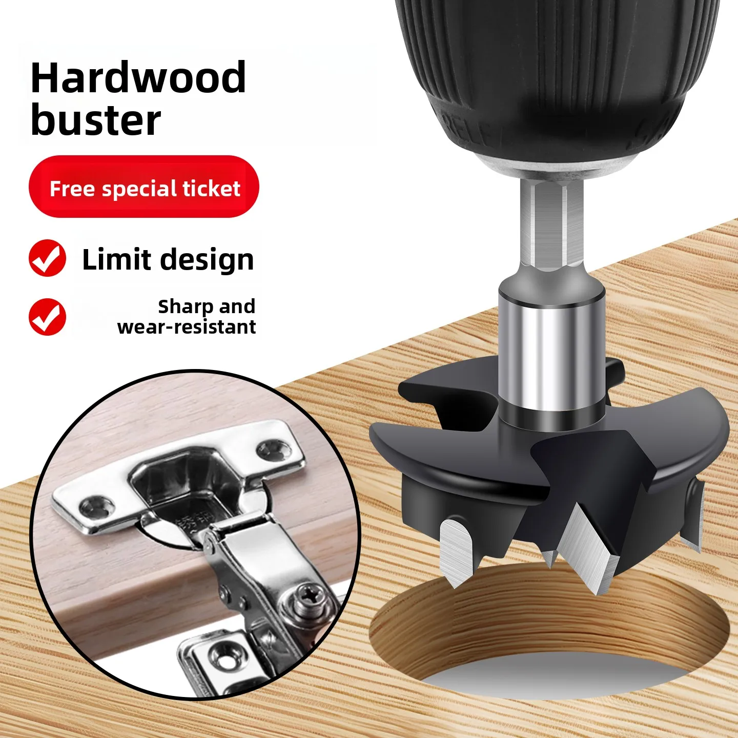 35mm Hinge Woodworking Hole Saw for Lock Installation in Wooden Doors and Panels - Hex Handle with Three-Blade Alloy Bit