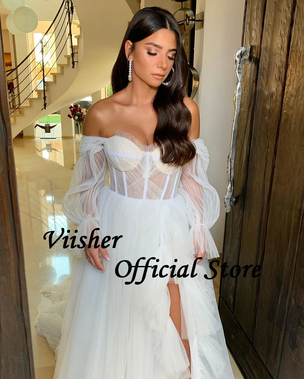 Viisher White Tulle A Line Wedding Dresses Side Slit Illusion Corset Sweetheart Bridal Gowns Puff Sleeve Beach Wedding Dress