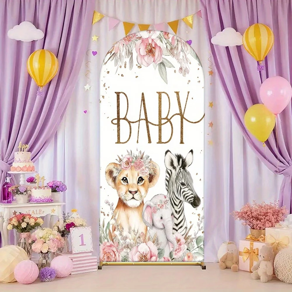 Wild Animal Baby Happy Birthday Arch Backdrop Lion Zebra Tiger Jungle Safari Party Decor Pink Flower Girl Baby Shower Background