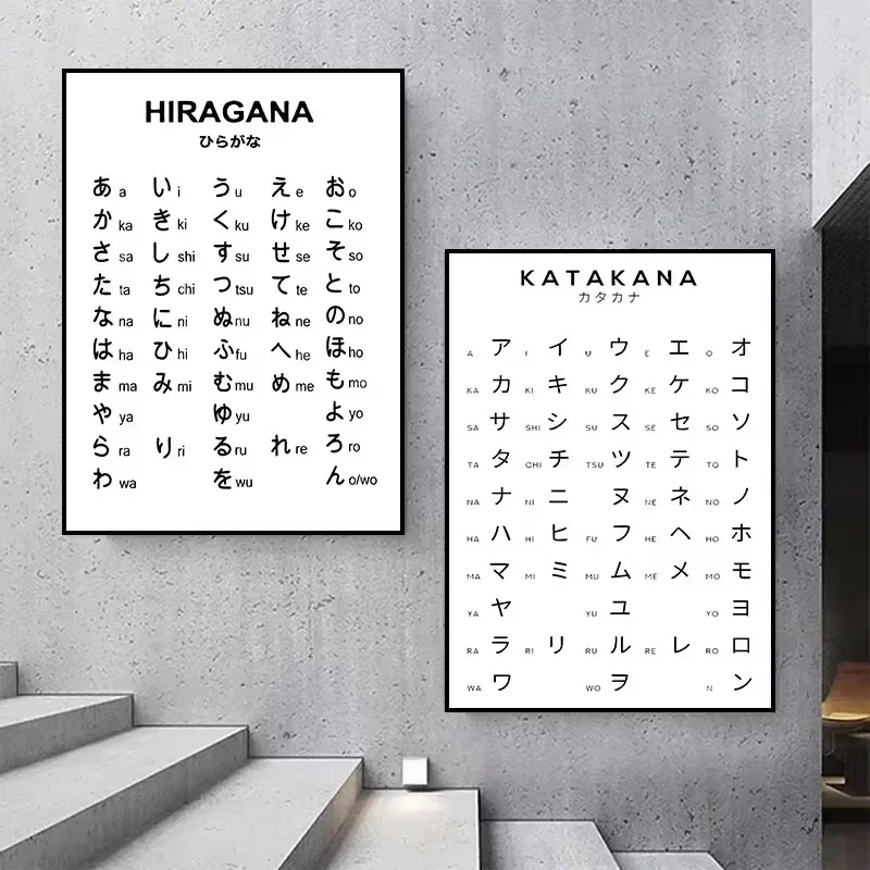 1pc frameless Canvas Painting Hiragana and Katakana Chart Art Black White Japanese Alphabet Poster Canvas Painting And Print Pic