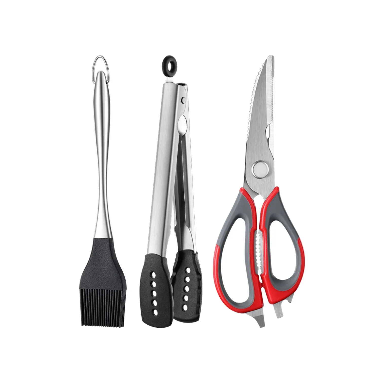 

LFGB Certification 304 Stainless Steel Barbecue Tools Ultra Sharp Scissors Shed Resistant Brush Non-slip Tongs Roast Acessories