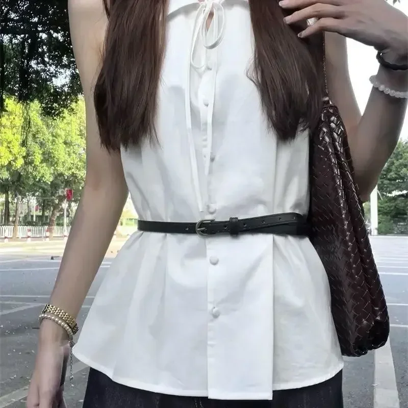 Camisa blanca básica sin mangas para mujer, blusas con cordones a la moda coreana con botones y cuello vuelto, blusas holgadas informales de verano