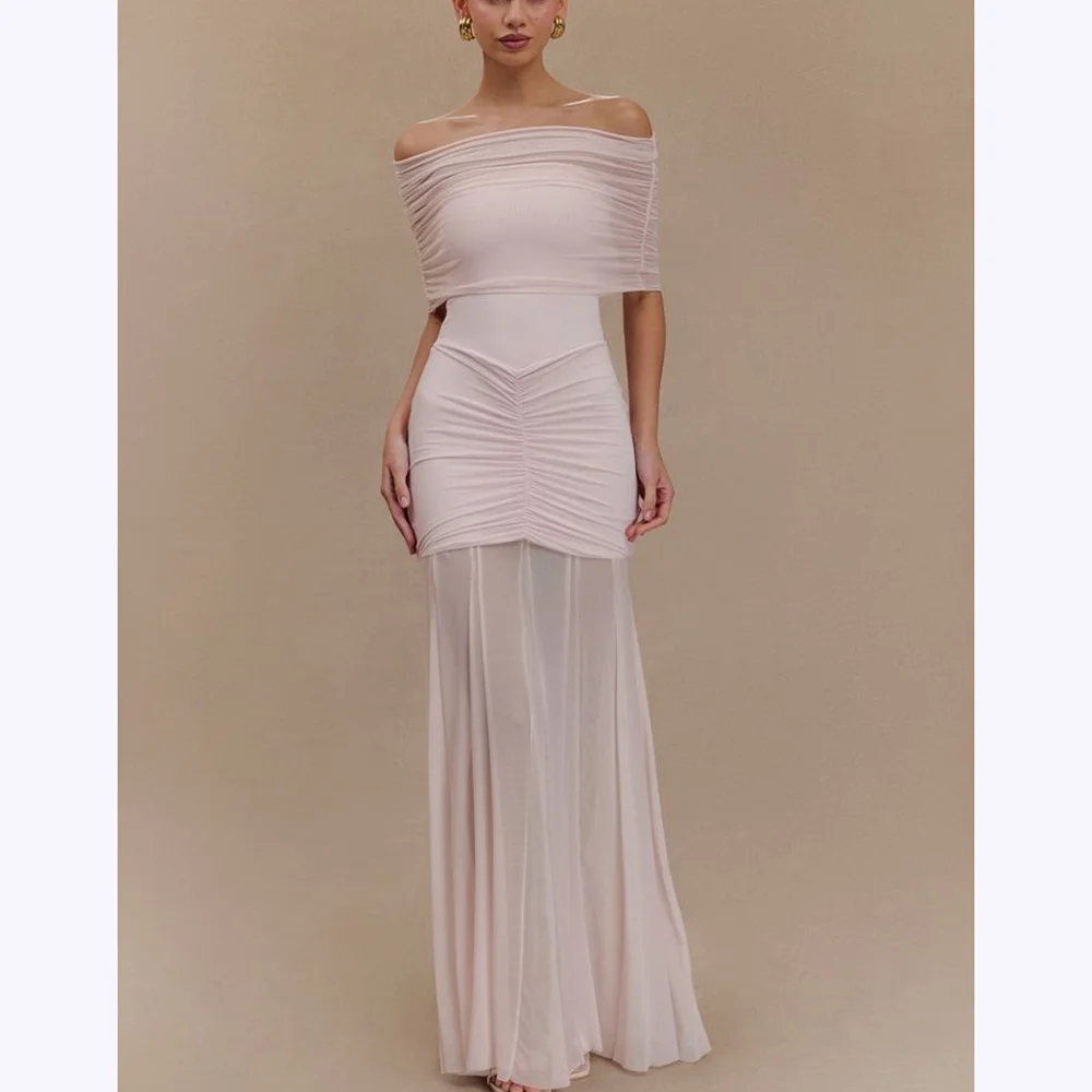 

Sexy Illusion Evening Dresses Off The Shoulder Short Sleeve A Line Simple Long Dress Floor Length Stylish Special Occasion Gown