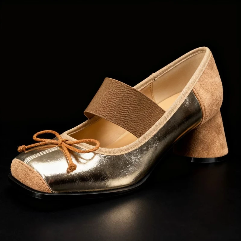 

Gold Designer Chunky Heel Mary Jane Shoes Women Bowknot Square Toe Splicing Design Women Pumps Elegant Party Dress Heels Ladies