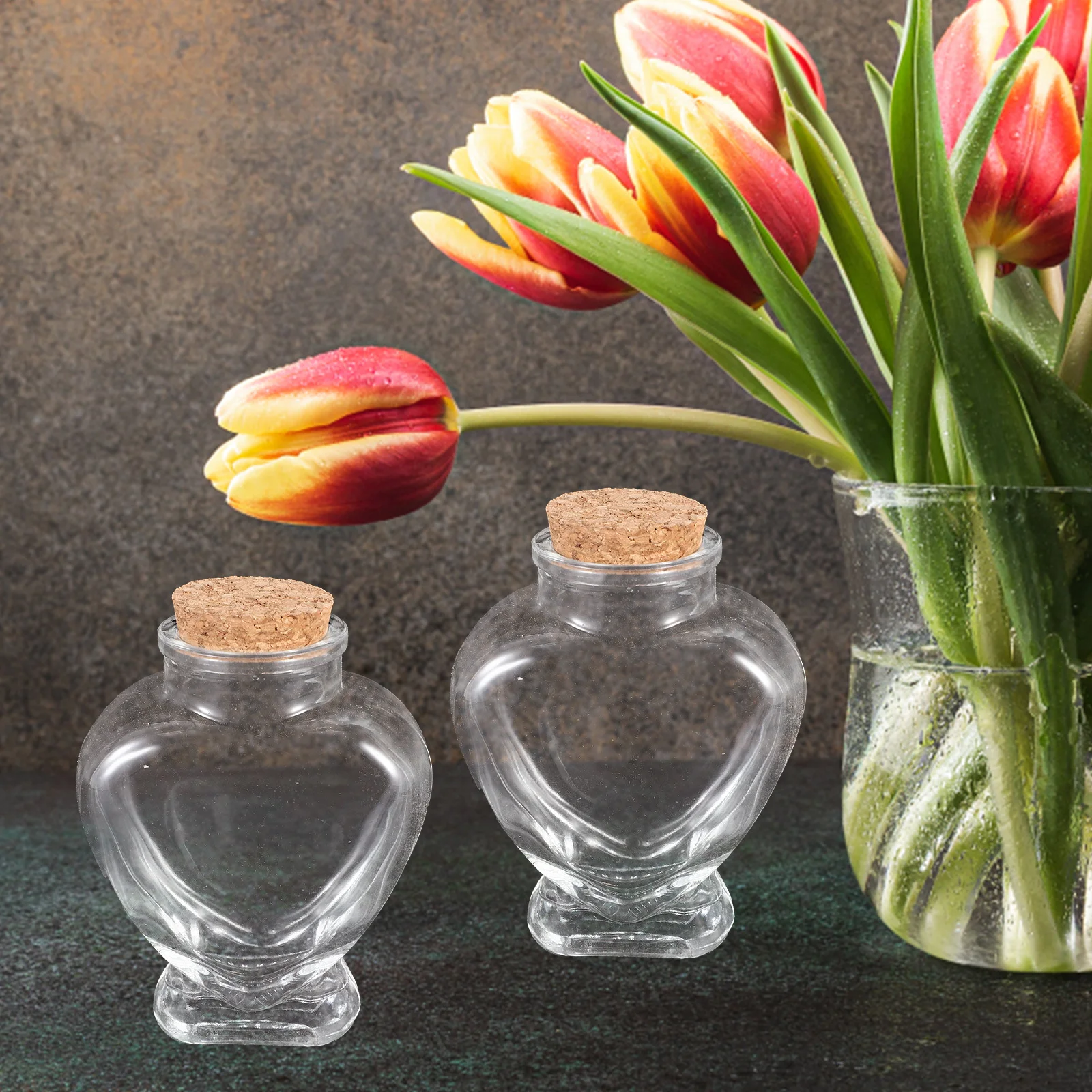 

2Pcs Transparent Glass Wishing Bottle Heart Design DIY Craft Jar Storage Container for Desktop Decor Drift Bottle