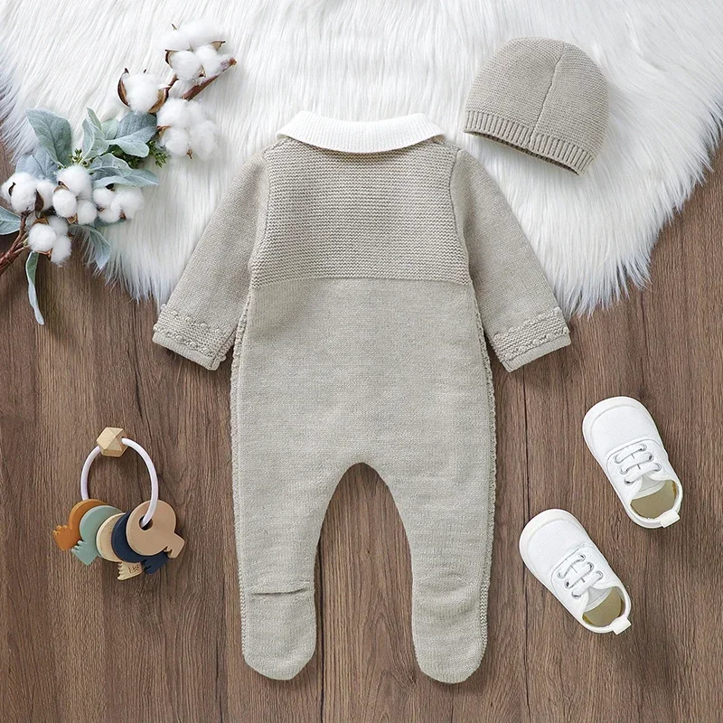 Baby Rompers Set Knit Infant Children Clothes Hat 0-18M Fashion Solid Newborn Girls Jumpsuit Long Sleeve Overalls Pantyhose 2pcs