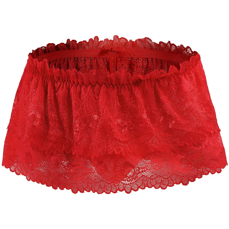 Men\'s Sex Skirts Underwear Crossdressing Sissy Panties Lace Double-Layer Translucent Boxers U Convex Pouch Lingerie Underpants