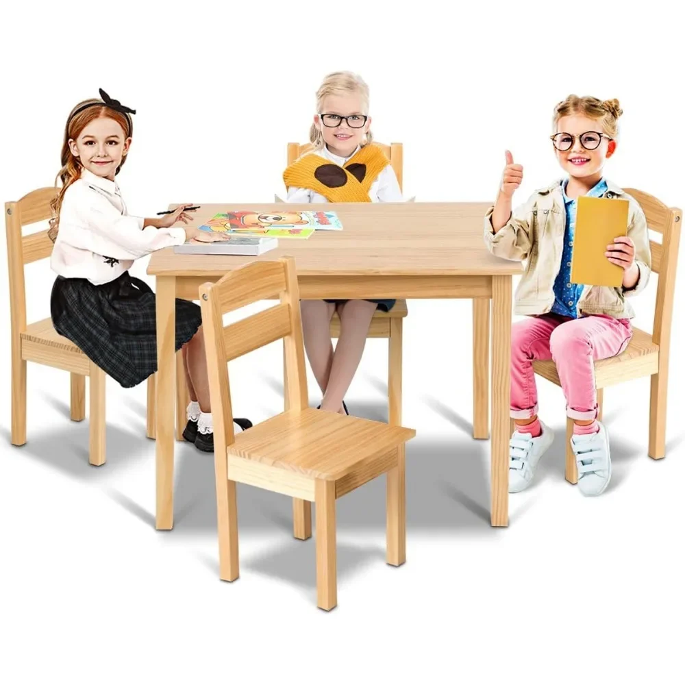 Kids Table and Chair Set, 5 Piece Wood Activity Table & Chairs for Children Arts, Crafts, Homework, Snack Time