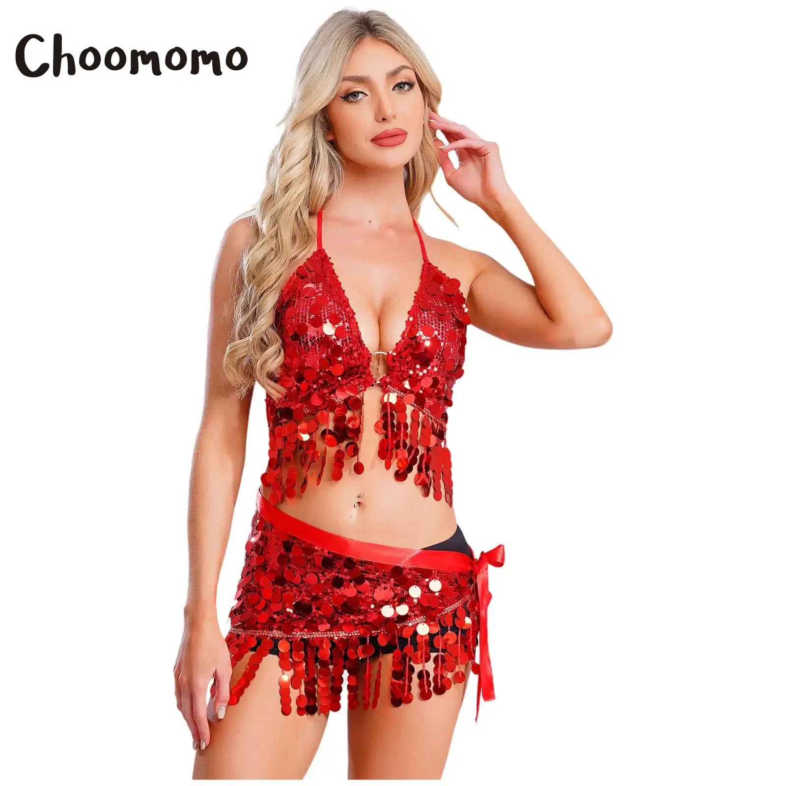 

Womens Belly Dance Sets Ballerina Costume for Stage Performance Costume Outfits Complete with Sequins Crop Top and Tassel Scarf