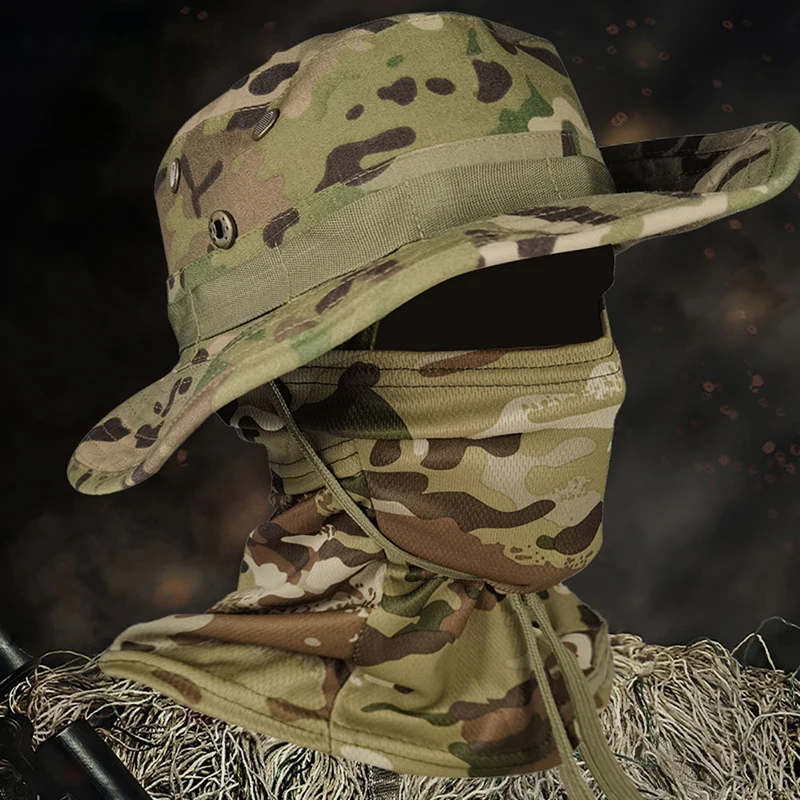 Camouflage Boonie Cap Passamontagna Cappello Completo Pieghevole Cappello morbido Caccia all'aperto Pesca Cappello a tesa larga Cappellini per protezione solare