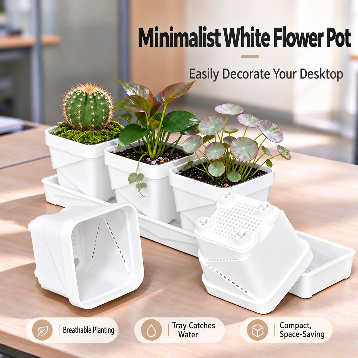 Mini Square Plastic Planter Root Control Flower Pot With Water Tray For Home Balcony Small Green Plants Potted Decor