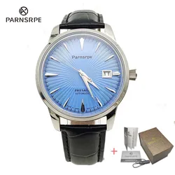 40mm Automatic Men's Watch Round Case NH35 Movement Leather Strap Clear Glass Back Men's Mechanical Watch